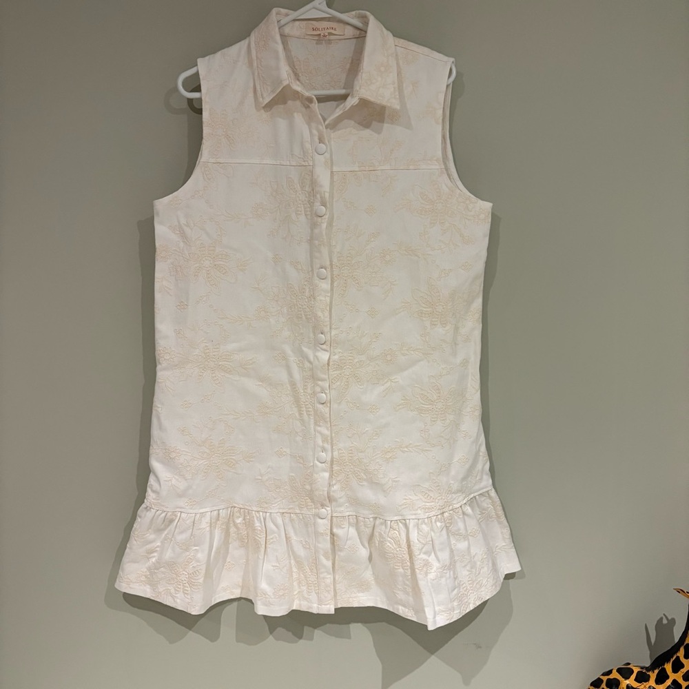CowGirl Solitaire White collared Denim Mini Dress with Crème Embroidery